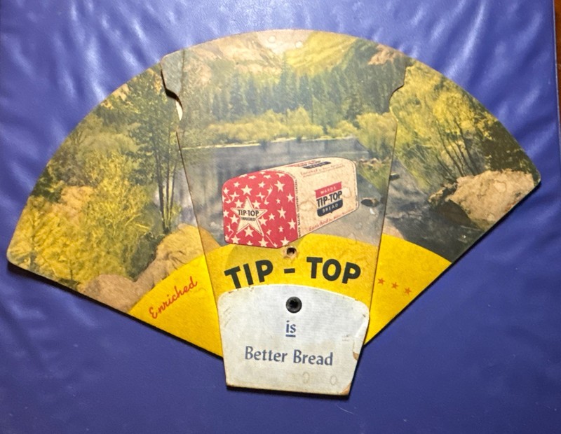 1948 VINTAGE TIP-TOP BREAD HAND FAN MOUTAIN/ LAKE SCENE