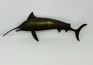 Vintage Brass Marlin  16" MCM Plaque Wall Hanging Swordfish Mid Century Patina