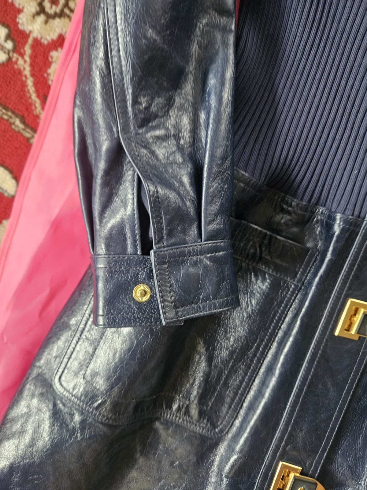Tory Burch Blue Leather Long Coat With Hardwear sz 8 NWOT image 4