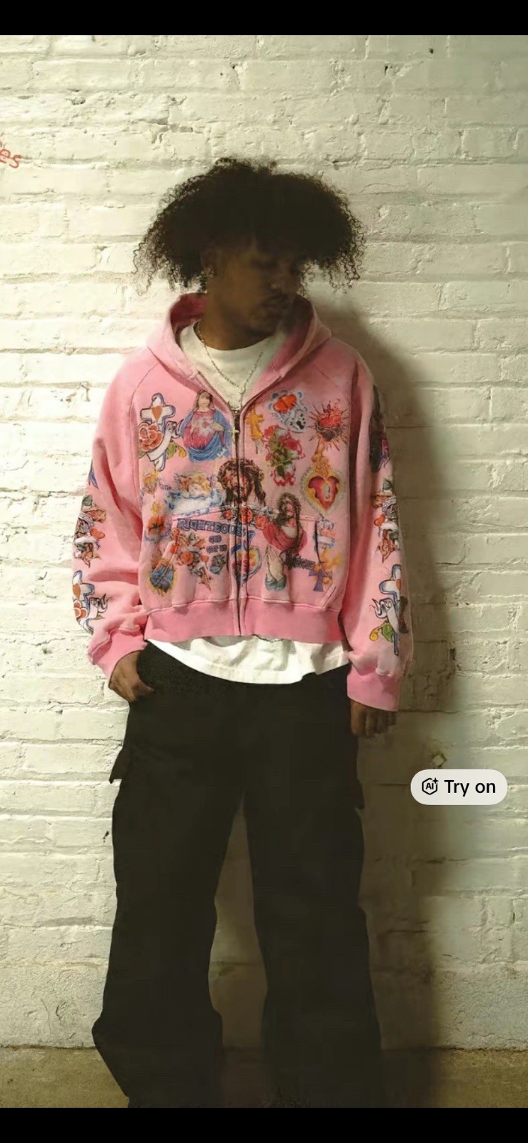 Pink Religious Graphic Full Zip Hoodie Jesus Virgin Mary Men's Size L