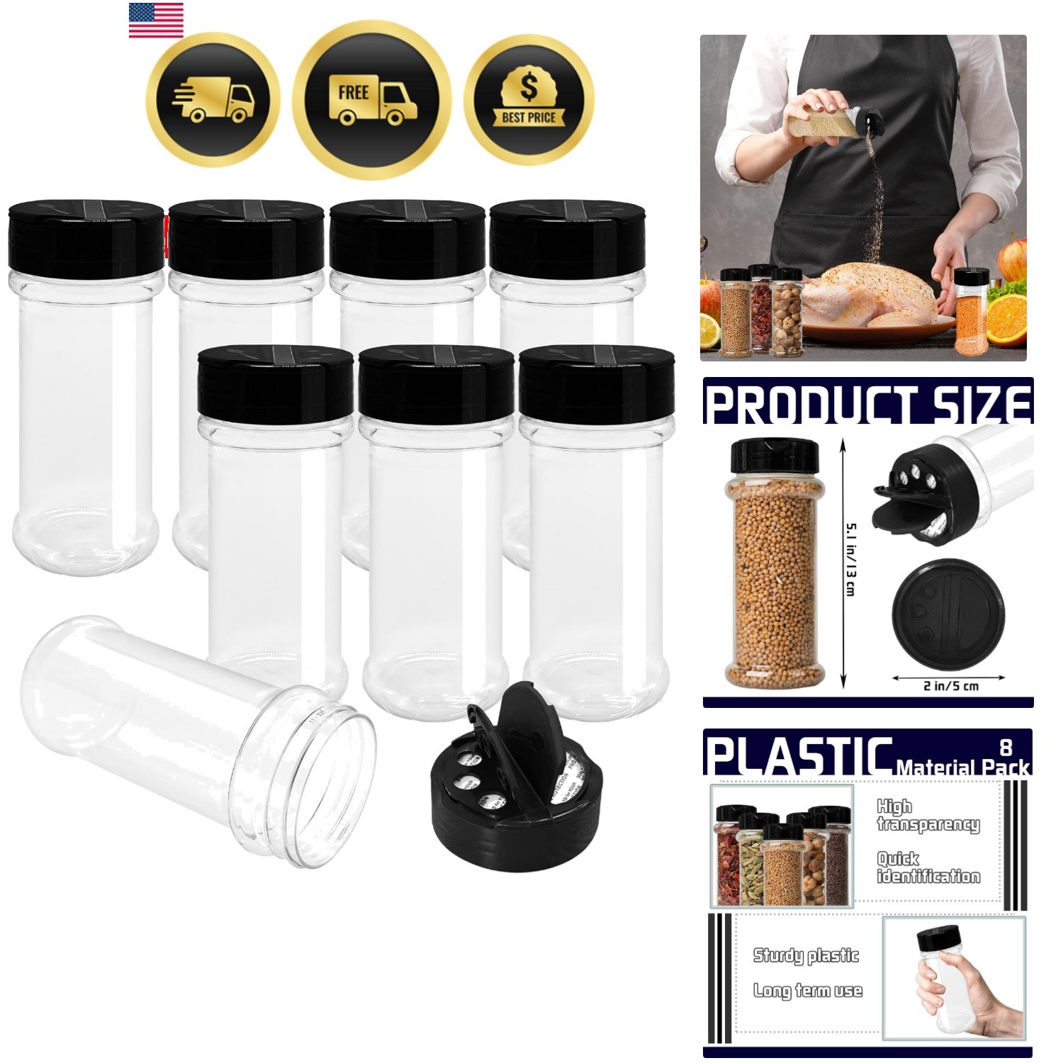 Spice Jars Set 8 Pack Plastic Round Containers with Shaker Lids for Spices Herbs