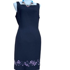 VTG JONES OF NEW YORK BLACK SHEATH BOTTOM FLORAL TRIM DRESS SZ 12, LINED READ