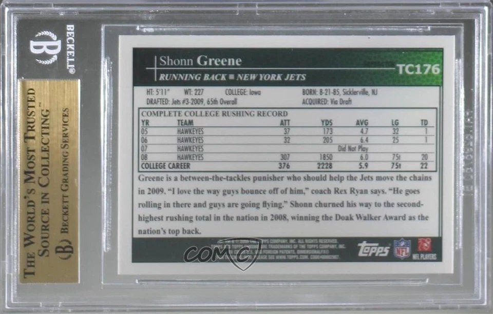 2009 Topps Chrome Blue Refractor Shonn Greene #TC176 BGS 9.5 GEM MINT Rookie RC - Image 2 of 2