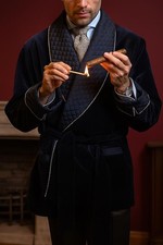 Blue Velvet Smoking Jacket, Quilted Cigar Robe, Satin Shawl Lapel L M bachelor