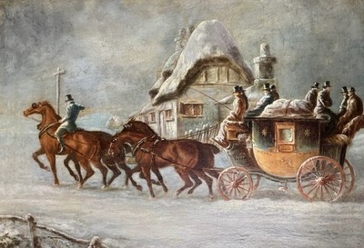 Feines hochwertiges Ölgemälde 19. Jahrhundert London / Glasgow Postkutsche Pferde im Schnee
