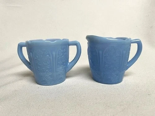 Antique Delphite Blue Cherry Blossom Childs Creamer & Sugar Depression Glass