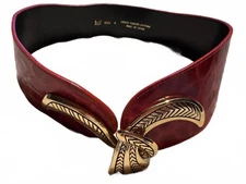 Vintage 80's Magid Red Leather Croco Embossed Wide Belt size Small Buckle Clasp