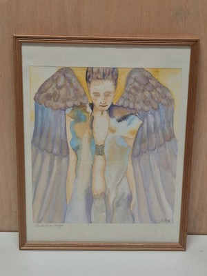 Aquarellfarbe auf Karton Schutzengel gerahmt signiert Deko