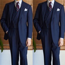 3Pcs Navy Blue Men Suits Notch Lapel Business Tuxedos Wedding Groom Prom Blazer