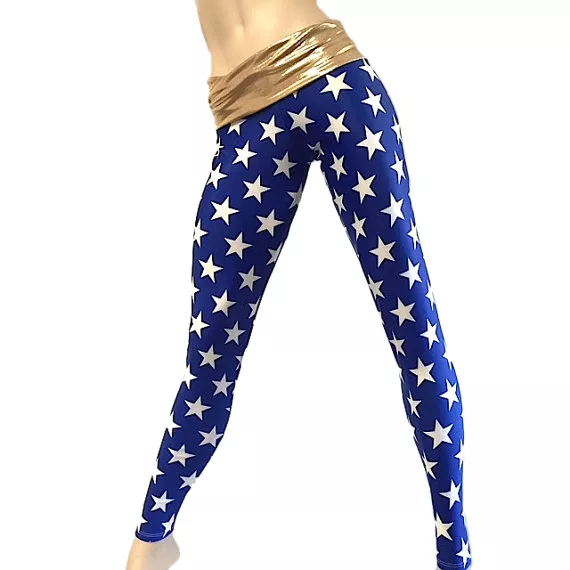 Wonder Woman Super Hero Blue Stars Pants Fold Over/Low Rise Legging  SXYFITNESS