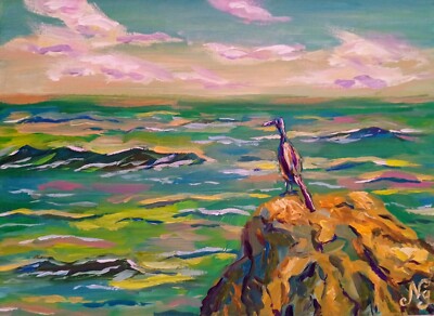 Kleines Meer Ölgemälde Vogel Meereslandschaft Original Kunst Landschaft Küste Kunstwerk 5x7
