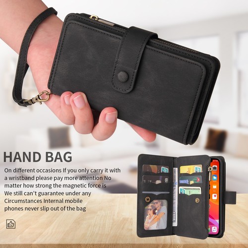 Luxury 15 Card Zippe Multifunction Wrist Strap Flip Wallet PU Leather Case Cover - Picture 10 of 48