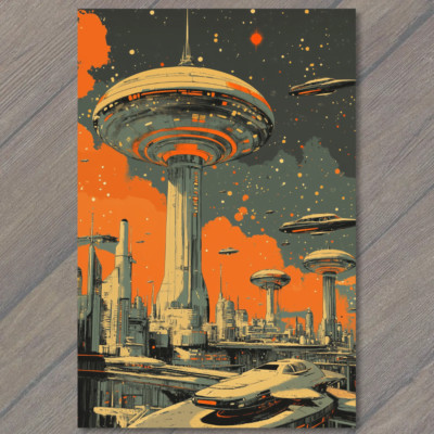 Art Print Retro Futuristic City UFO Hovercraft Neon Orange Skies Sci Fi Building