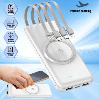 90000mAh Wireless Power Bank Backup Fast Portable Charger External Battery Cable