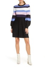 VINCE CAMUTO Pink Blue Black Stripe Balloon Sleeve Fit & Flare Sweater Dress M 8