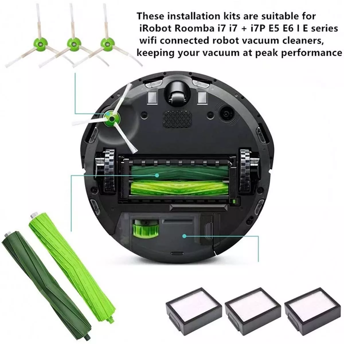 Parts accessories Compatible for iRobot Roomba evo i3+i4+i6+i7+i8/Plus E5  E6 E7 J7 I,E &J Series Vacuum Cleaner 2 Set Roller Brushes 8 HEPA Filters 8  Side Brushes 1 caster wheel (Plastic) 