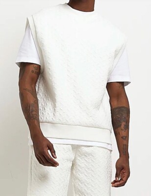 River Island Men's White Regular Fit Quilted Knitted Vest Uk Large