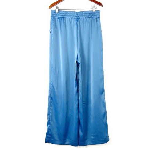 House Of Harlow Blue Satin Pants XL STRETCH High Rise Pockets Elastic Back NWT - Picture 2 of 11