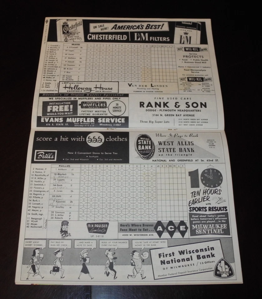 1956 Milwaukee Braves vs Phillies Baseball Scorecard Program Unscored 8/25 - Image 2 of 4