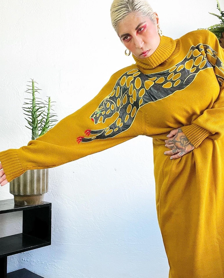 VANNA WHITE R&K Originals 80’s 80s Vintage Leopard Turtleneck Sweater Dress L Xl - Image 2 of 4