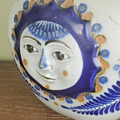 10in Mexican Tonala Sun Face Raised Ceramic Pottery Vase Hand Painted Gray Blue - Picture 5 of 7