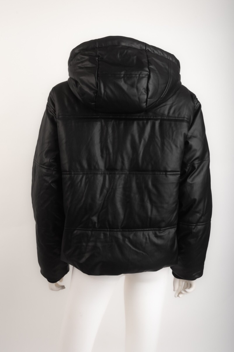 Zara Womens Black Faux Leather Hooded Puffer Jacket Coat XS