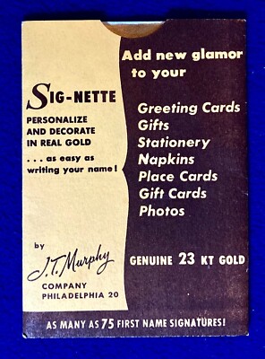 Vintage 1950s SIG-NETTE Personalizing Transfer Pages / 23 KT Gold / Advertising