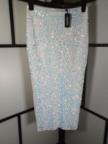 Boohoo Ivory Iridescent Sequin Longer Length Midi Skirt Size 12 New