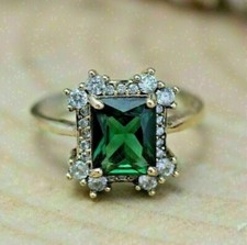Simulated Emerald  Diamond Emerald Cut Halo Wedding Ring 14K White Gold Plated
