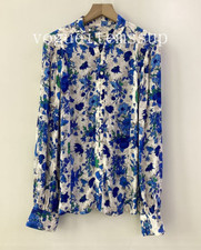 Women Blue Floral Print Long Sleeve Shirts Blouse