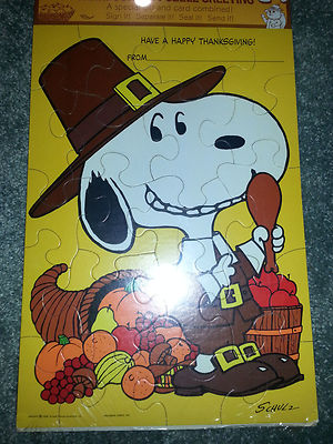 Hallmark Vintage Grußkarte Happy Erntedankfest 1958 Snoopy Puzzle Schulz Neu