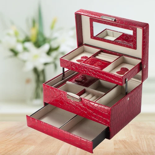 Cheri Red Compact Jewelry Box Case Organizer with Drawer Key Lock, BF11976