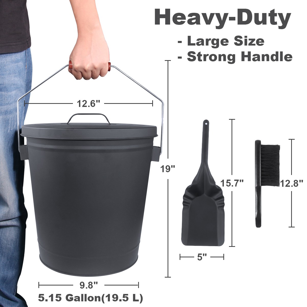 Steel Ash Bucket with Lid Shovel Brush,Firewood Carrier Bag,5Pcs Fireplace Tools