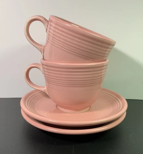 2 HOMER LAUGHLIN Fiesta Rose Pink Cups & Saucer Sets 1 mended #2