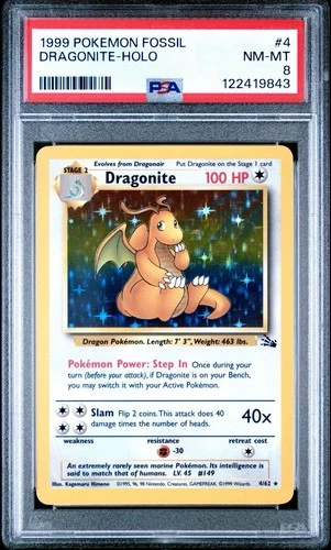 Pokémon TCG Dragonite Fossil 1999 Holo Rare Card 4/62 PSA 8