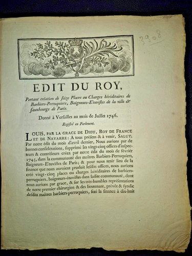 Édit Royal Louis XV 1746 - Barbiers Perruquiers Baigneurs Paris - Doc Ancien