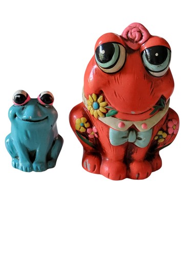 2 Vintage 70’s Orange & Blue Flower Power Frosch Sparschwein Figur READ Damage Japan