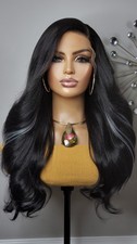 New Long Curly Style Wig Black Silver Gray Highlight Hair Y Part Lace Front Wigs