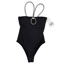 Zara Black One Piece Swimsuit Rhinestone Strap XS Removable Pads NEW