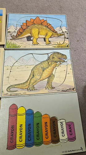 Vintage 1981-1984 Judy Instructo Wooden Tray Puzzles 3 - Dinosaurs & Crayons