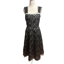 WHBM SZ 10 black lace silver gray Tea length formal cocktail dress wedding party