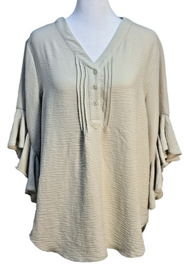 On You Top S Ivory Textured V-Neck Henley Ruffle Bell Sleeve Blouse