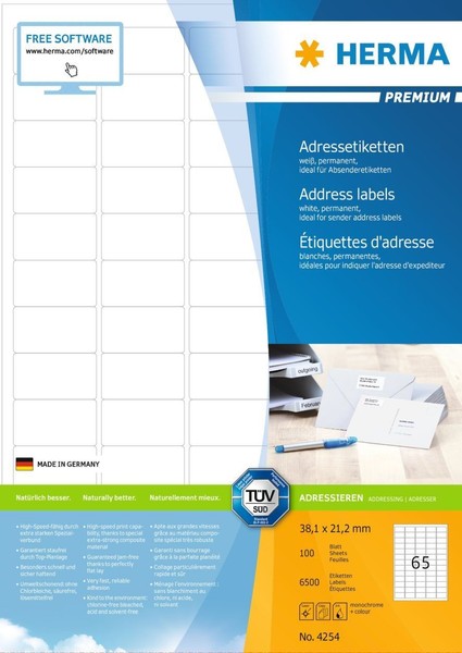 Herma Adressetiketten Premium A4 Weiß 38,1X21,2 Mm 6500 StüCk-image