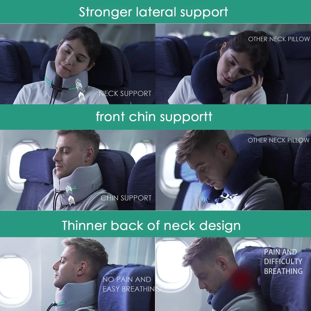 Travel Pillow Neck Chin Head Support Best Memory Foam Airplane Neck Pillows 3...