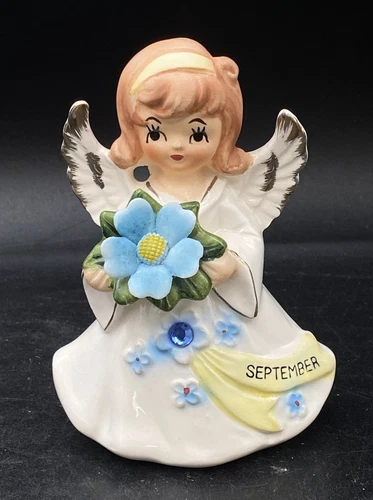 Lefton Birthday Girl Angel September Figurine 6224 Blue Flower & Stone Kitsch