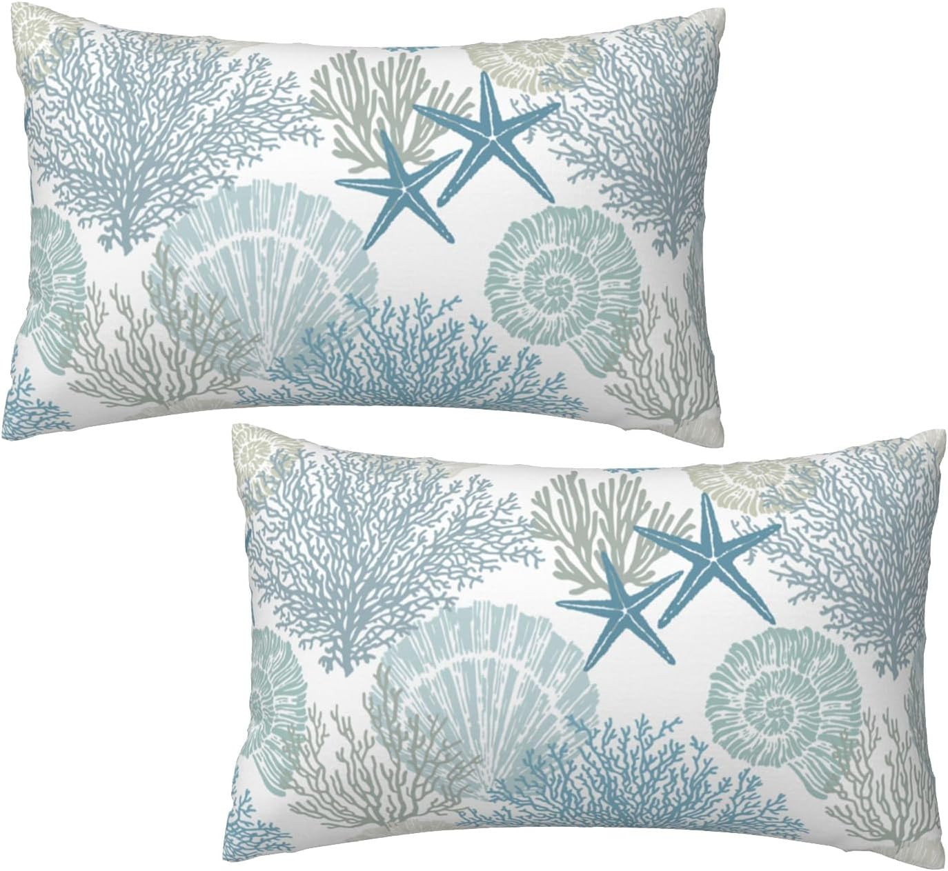 Nautical Coastal Throw Pillow Covers 12X20 Set of 2, Beach Themed Ocean Seashell