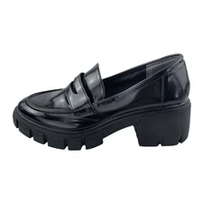 Crown Vintage Sage Women's Black Leather Chunky Platform Penny Loafers Shoes 7.5