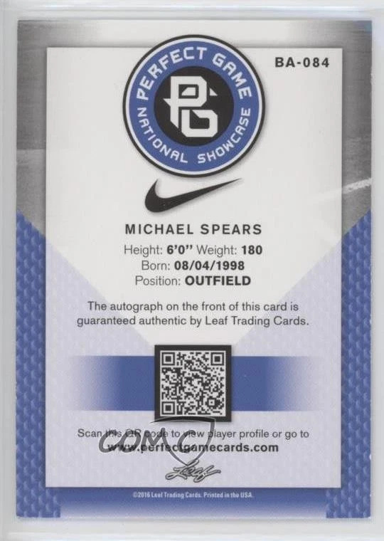 2016 Leaf Perfect Game National Showcase Red /5 Michael Spears #BA-084 Auto - Image 2 of 2