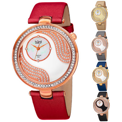 Women's Burgi BUR155 Diamonds Mother Of Pearl Dial Crystal Bezel Leather Watch