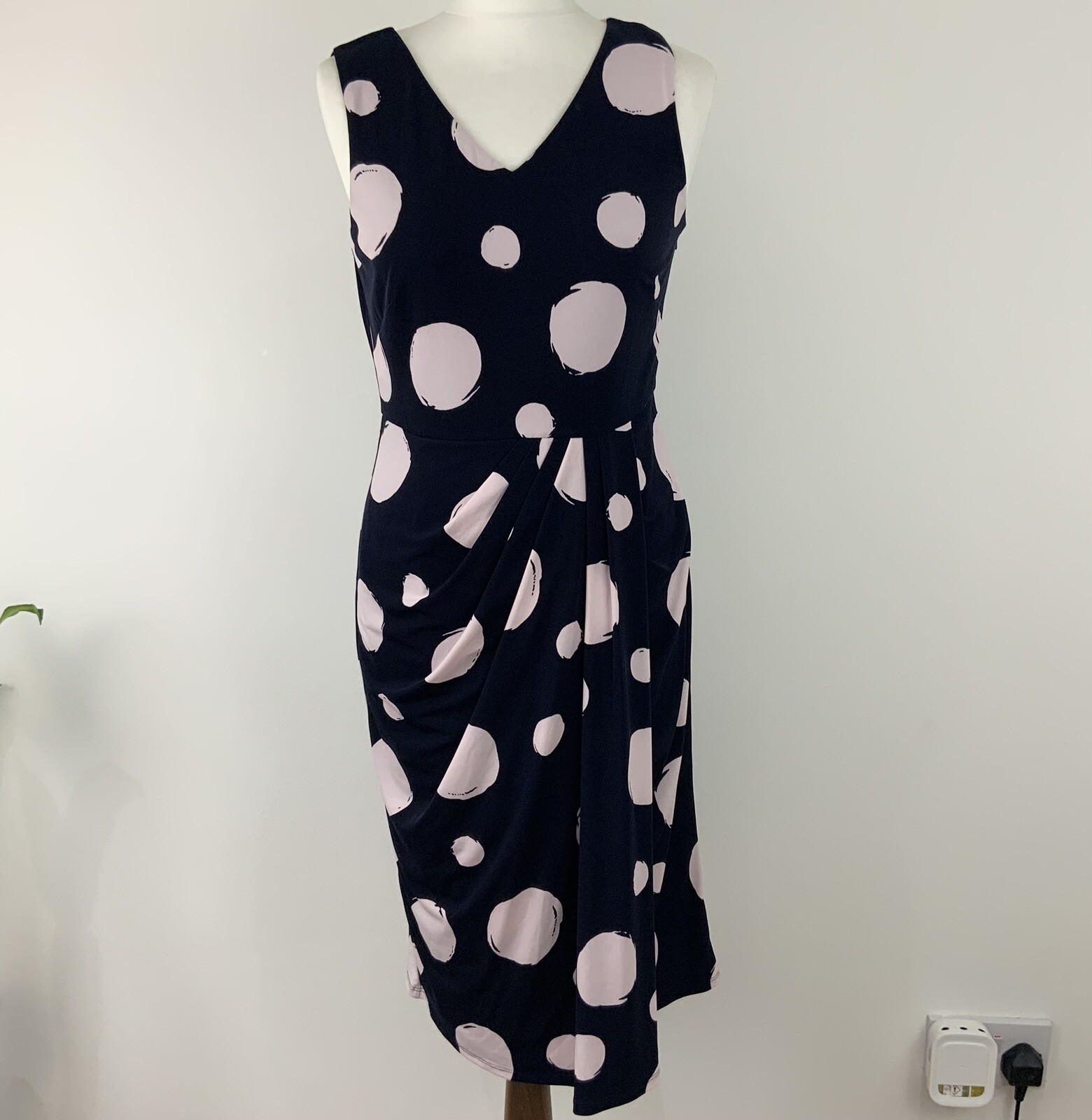 Jacques Vert sleeveless polka dot ruched waist dress 10 medium